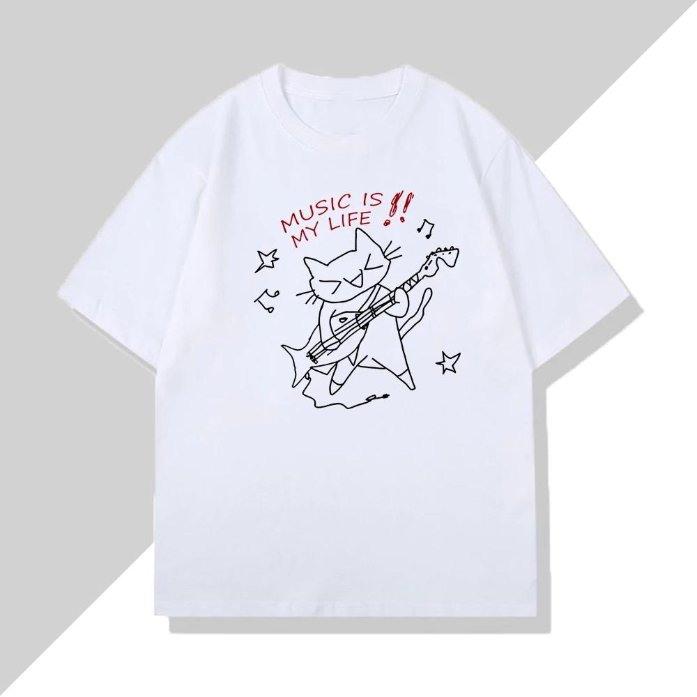 Футболка с принтом Rock Cat Music Is My Life для женщин и мужчин, повседневная, свободная, с круглым вырезом и коротким рукавом, унисекс
