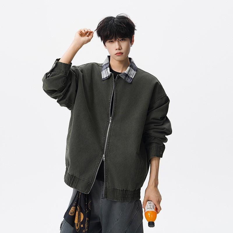 Mens Washed Vintage Workwear Jacket Cotton Plaid Shirt Collar Casual Outerwear Loose Fit