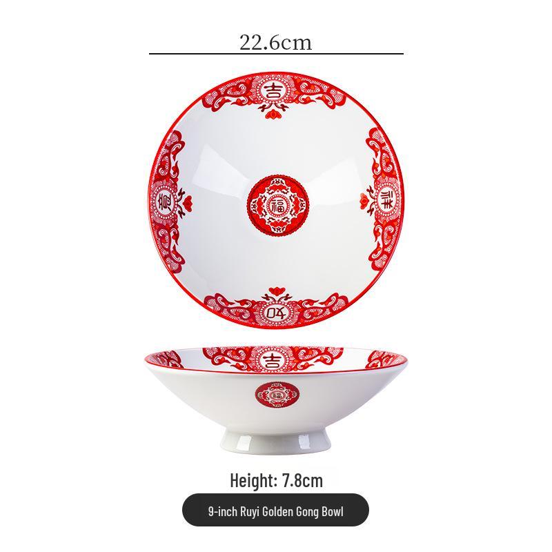Retro Ceramic Soup & Noodle Bowl Set: Stir-fried Pork Bowl, Good Luck Stir-fry Plate, Snack Plate, Kitchen Utensils