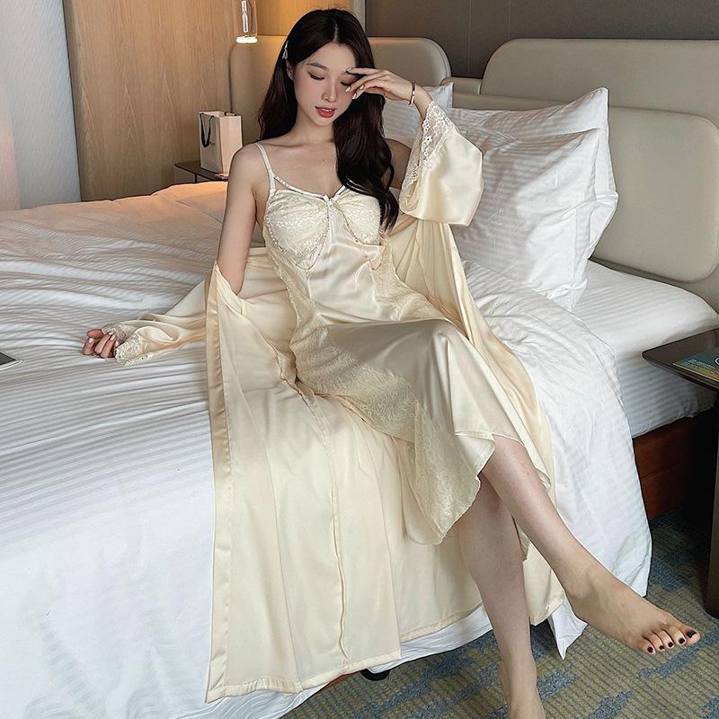 Pure personality pajamas lace solid color suspender skirt thin belt morning robe robe with chest pad chain long loungewear