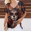 Сексуальная женская футболка с v-образным вырезом, модная персонализированная женская футболка с портретом скелета и цифровым 3D принтом, одежда с короткими рукавами, летний пуловер для отдыха