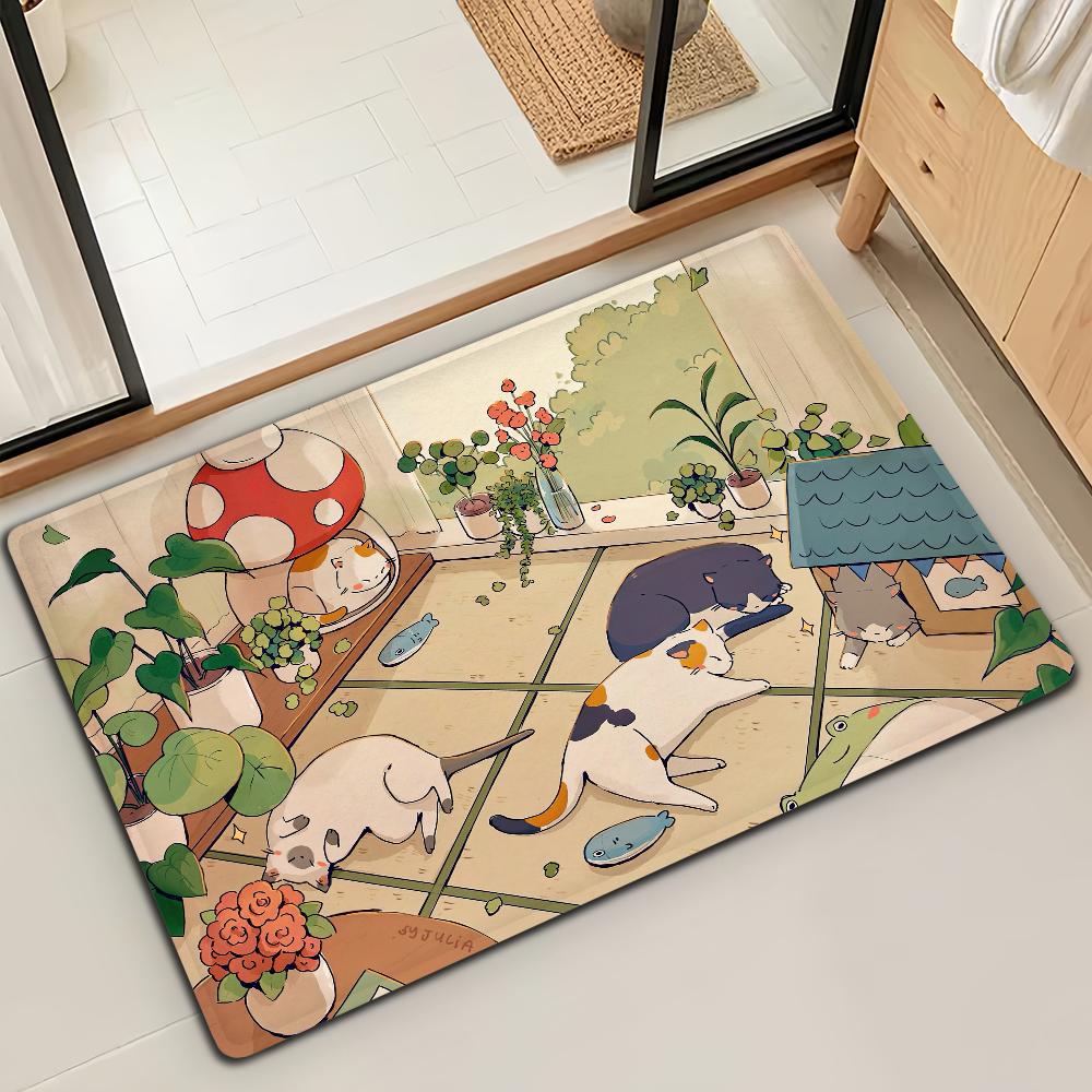 Fish Cat Cute Kawaii Door Mat Bath Microfiber Decorative Versatile Flannel Floor Mat Quick Dry Absorbent Non-slip Sole