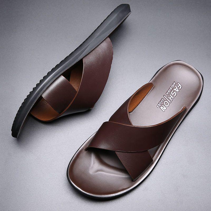 Men's Genuine Leather Korean Style Sandals - Trendy, Non-Slip Beach Flip-Flops