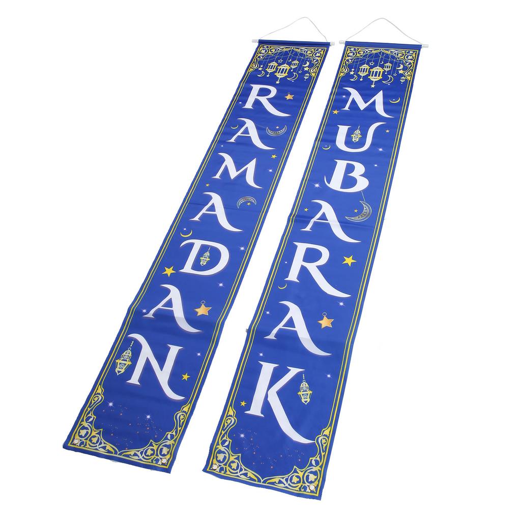 2pcs Eid Mubarak Porch Sign Waterproof Blue Background 100D Polyester Ramadan Mubarak Hanging