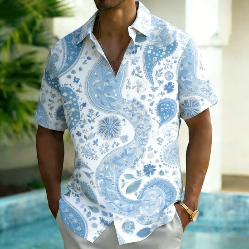 Men's Fashion Paisley Print Short Sleeve Button Down Shirt Trendy Summer Style For Vacation Party Gathering Daily Commute
