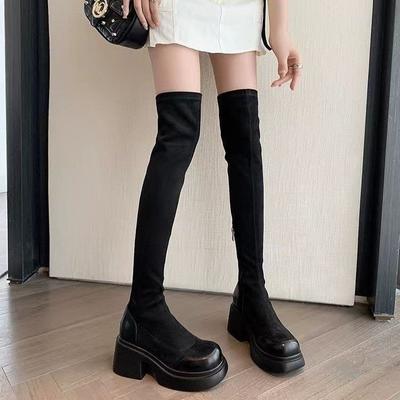 Женские зимние замшевые эластичные сапоги черного цвета 2025 новая модель на толстой подошве и толстом каблуке сапоги до колена тонкие сапоги сапоги-носки длинные сапоги