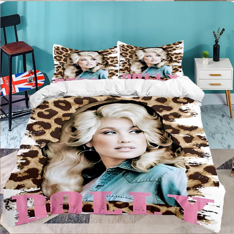 Dolly-Parton Leopard Print 3pcs Bedding Set,Including 1pc Duvet Cover And 2pcs Pillowcases Perfect Gift for Christmas,Ideal for Bedroom, Dormitory