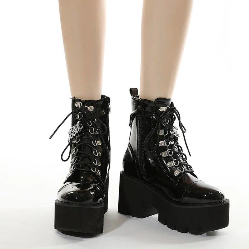 2024 женская обувь на каблуке 8 см, водонепроницаемая женская обувь на платформе с толстой подошвой и цепочкой, короткие сапоги на толстом высоком каблуке Lhx