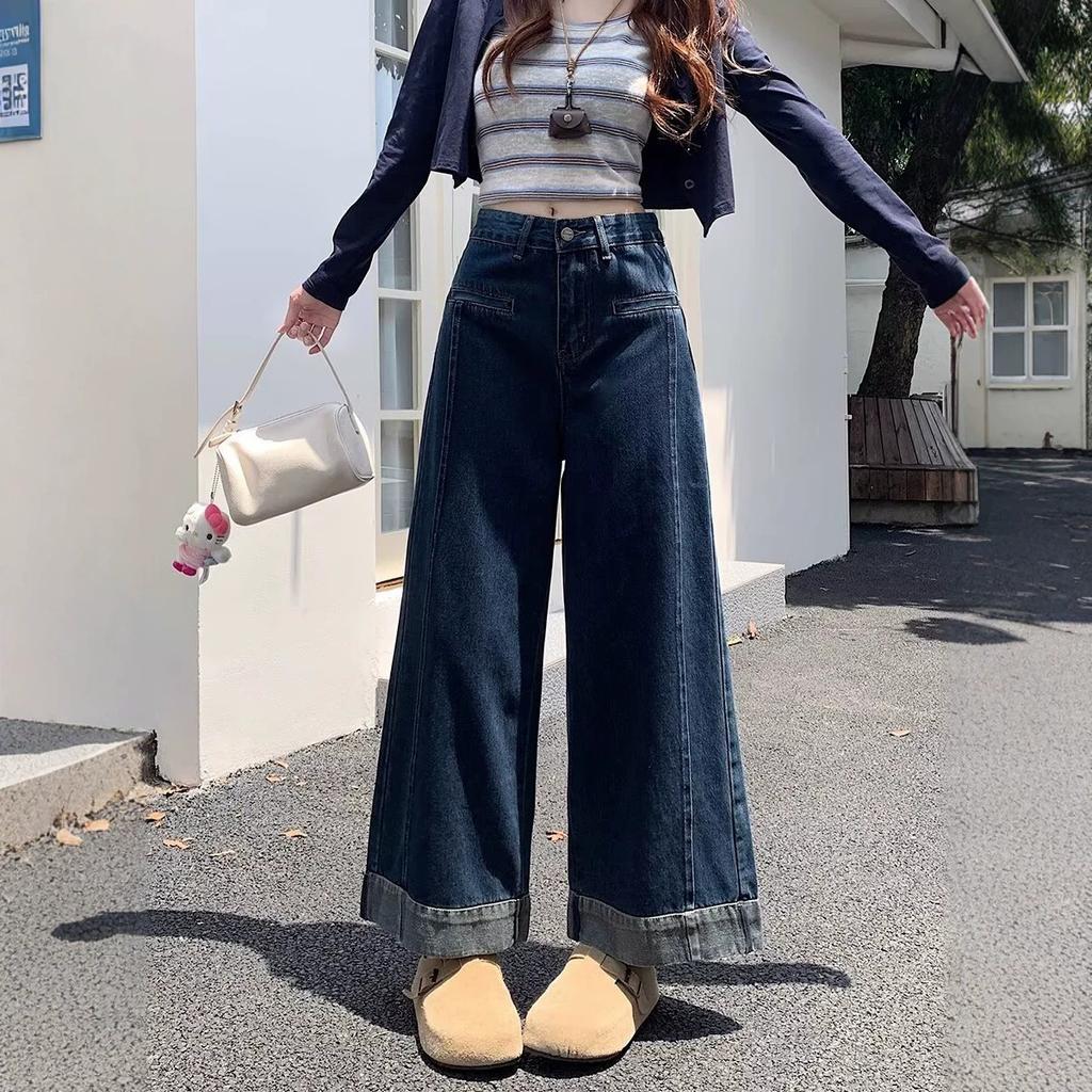 Autumn High Waist Retro Loose Wide Leg Blue Curled Nine-Point Wide Leg Pants Small Jeans Women