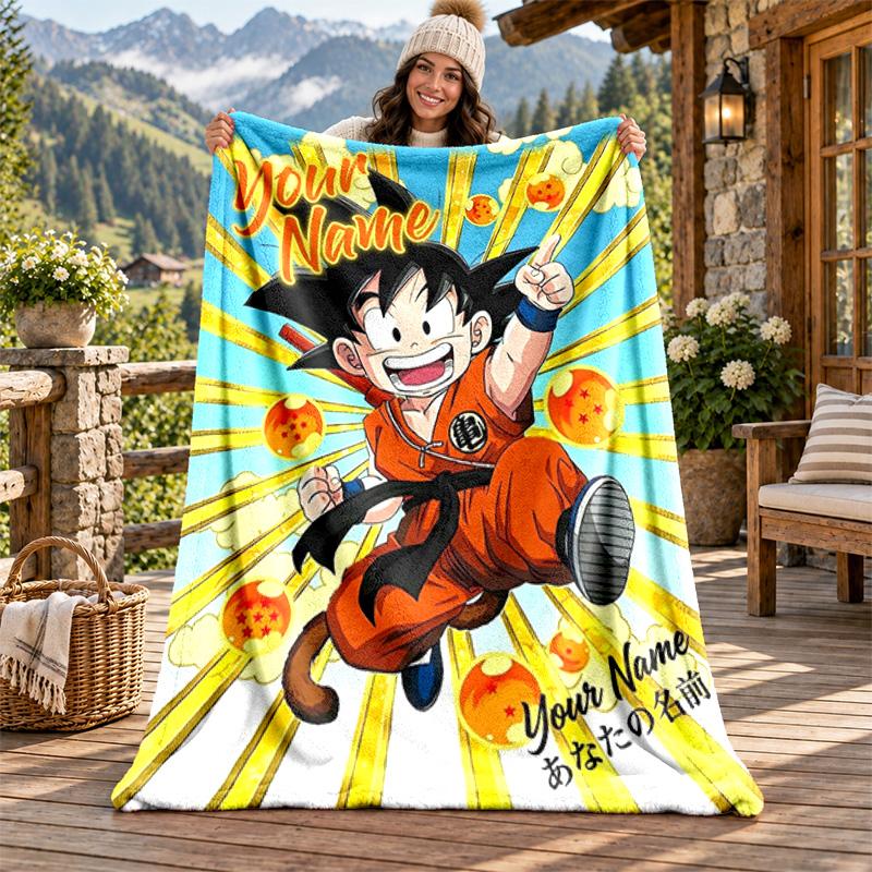 Dragon Ball Custom Name Flannel Blanket Personalized Soft Warm Plush Throw Blanket Customized Gift for Family Friends