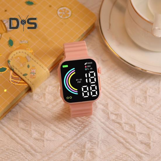 LED Electronic Watch Square Rainbow Dial Solid Color Soft Anti-slip Strap Adjustable Kids Students Casual Sports Digital Wristwatch Birthday Gift