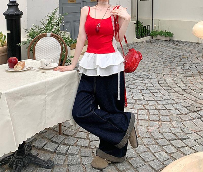 Red Lace-Trim Camisole for Women - Ballet Style Summer Top