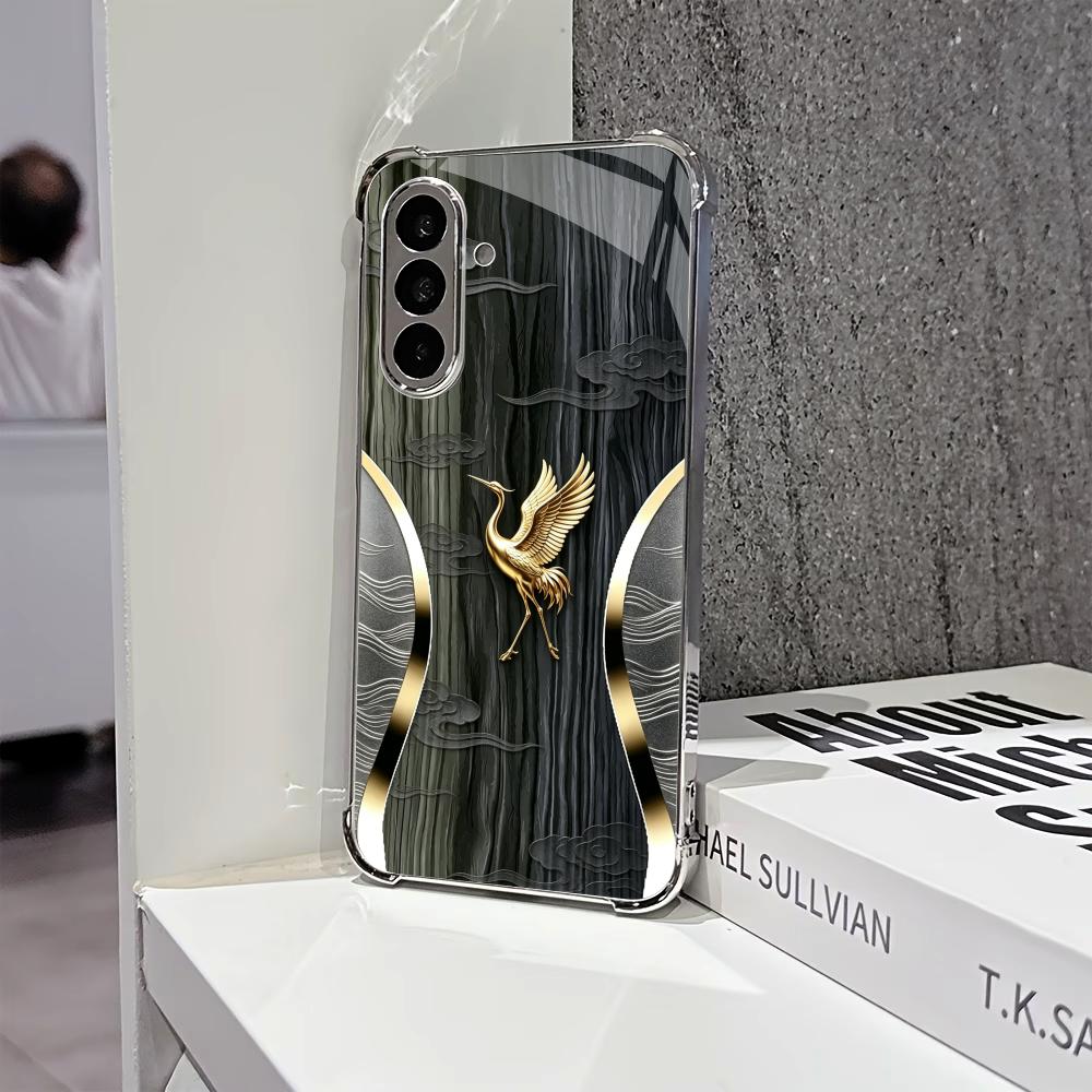 Чехол для телефона с текстурой дерева и золотым журавлем, чехол s26 ultra, стеклянные чехлы для мобильных телефонов Samsung Galaxy S26 S25 S24 S23 S22 FE Ultra Plus