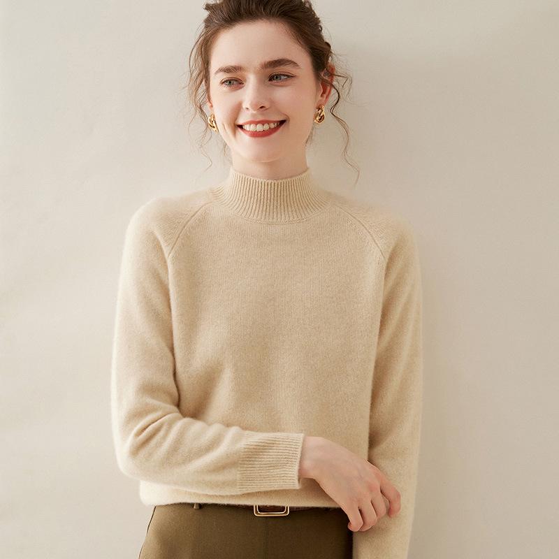 Women's Winter Cashmere Sweater: Half-High Collar, Thick, Skin-Friendly, Solid Color, Loose Fit, Wool Insert Sleeves, Knit Base Layer