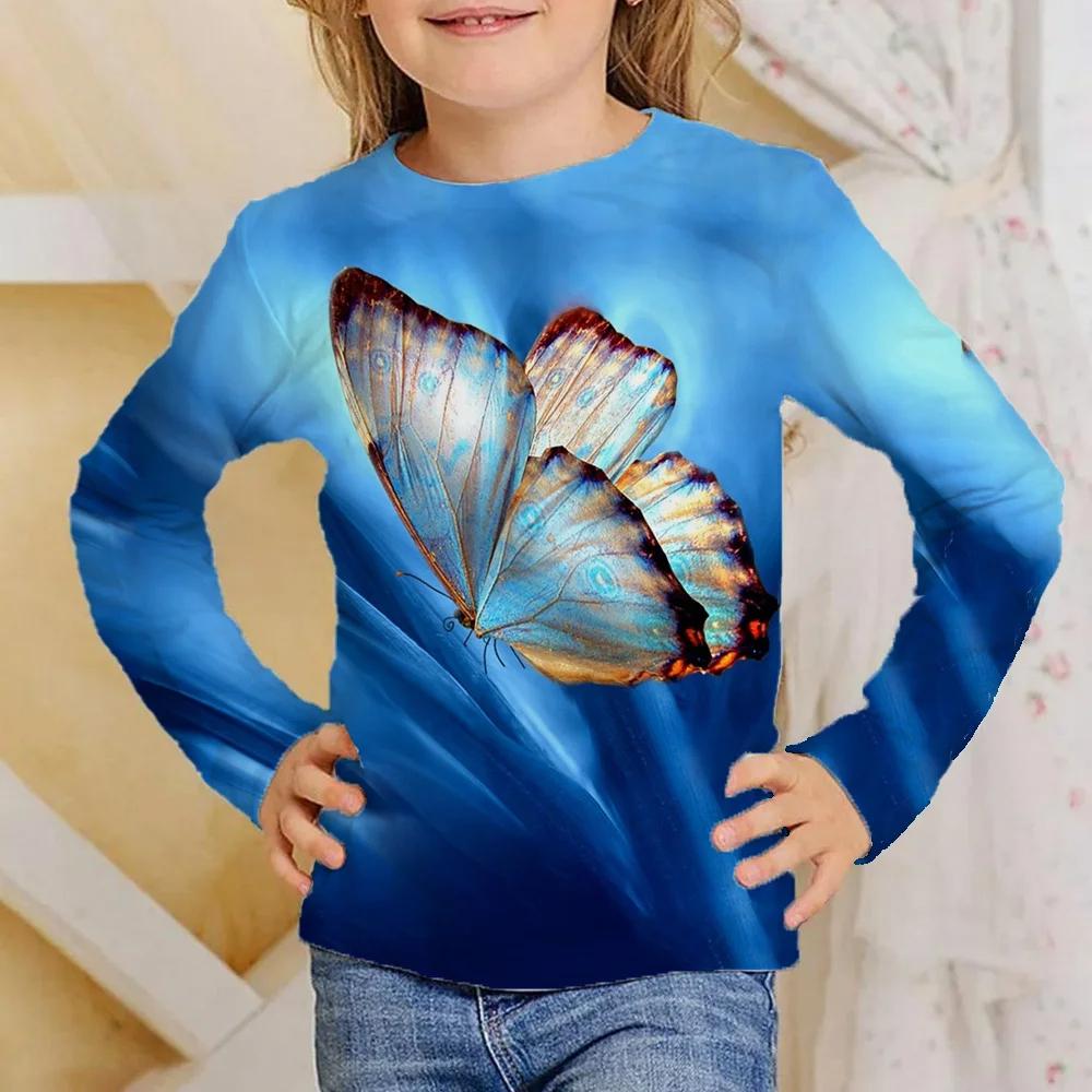 Children's Colorful Butterfly 3D Digital Printed Girl's Casual and Comfortable Round Neck Long Sleeve T-shirt