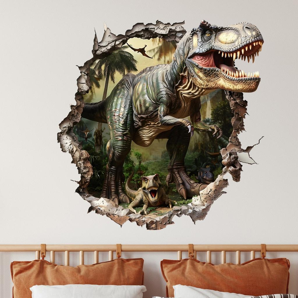 Имитация 3D Наклейки на стену Динозавр, пробивающий стену, Гостиная, Детская комната, Декоративные наклейки для дома
