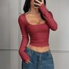 Women's Fashionable Solid Color Long Sleeved Square Neck Slim Fit Sexy Base Shirt T-shirt Top