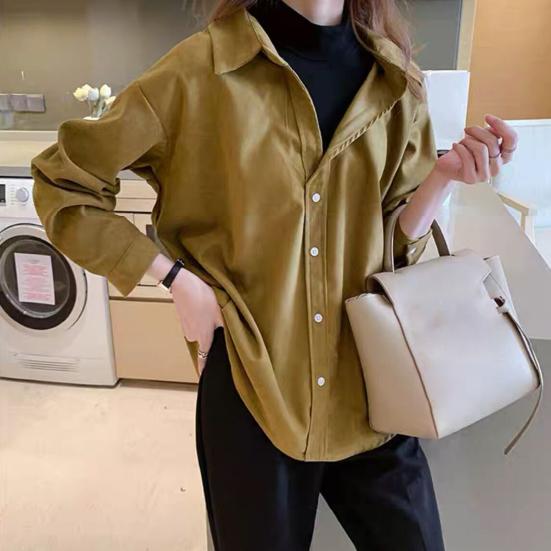 Women Corduroy Shirt Lapel Long Sleeve Single-Breasted Shirt Tops Bottoms Tops Layer Wear Commuter Style Shirt