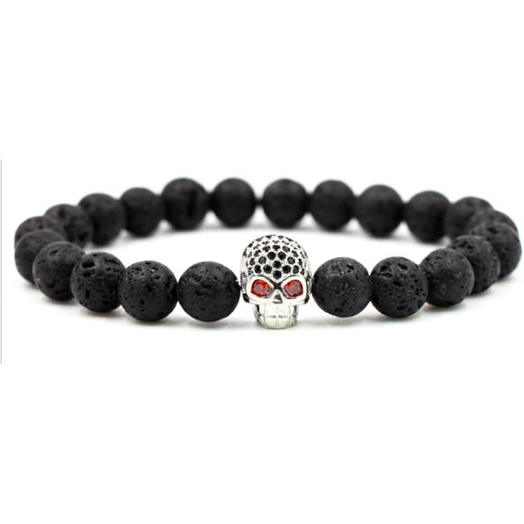 Geometric Lava Rock Beaded Bracelet With Micro Set Zircon Skull Design For Men Women Gift