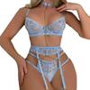 1 Set Sexy Bra Panties Garter Set Hollow Out See-through Lace Multi Strap High Waist Chain Decor Fishnet Elastic Thin Halter Neck Honeymoon