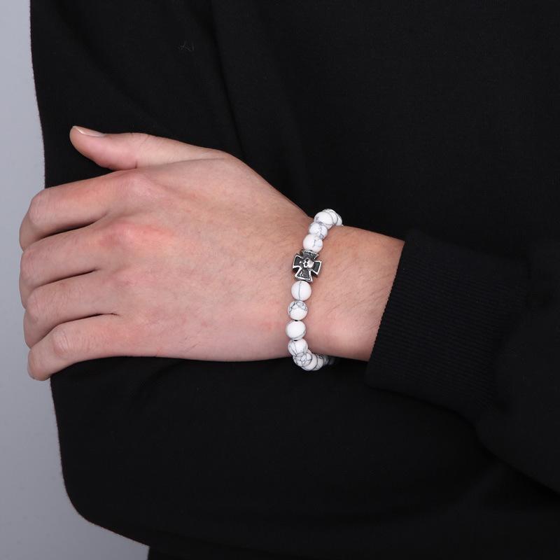 Европейский и американский матовый черный браслет из агата, белая сосна, тигровый глаз, камень, крест, полка, череп, титановая сталь, мужской браслет из бисера