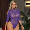 Purple Charm Rhinestone Bikini Sexy Lingerie with Rhinestones One-Piece Long Sleeve Bodycon Dress Tight Mesh Dress
