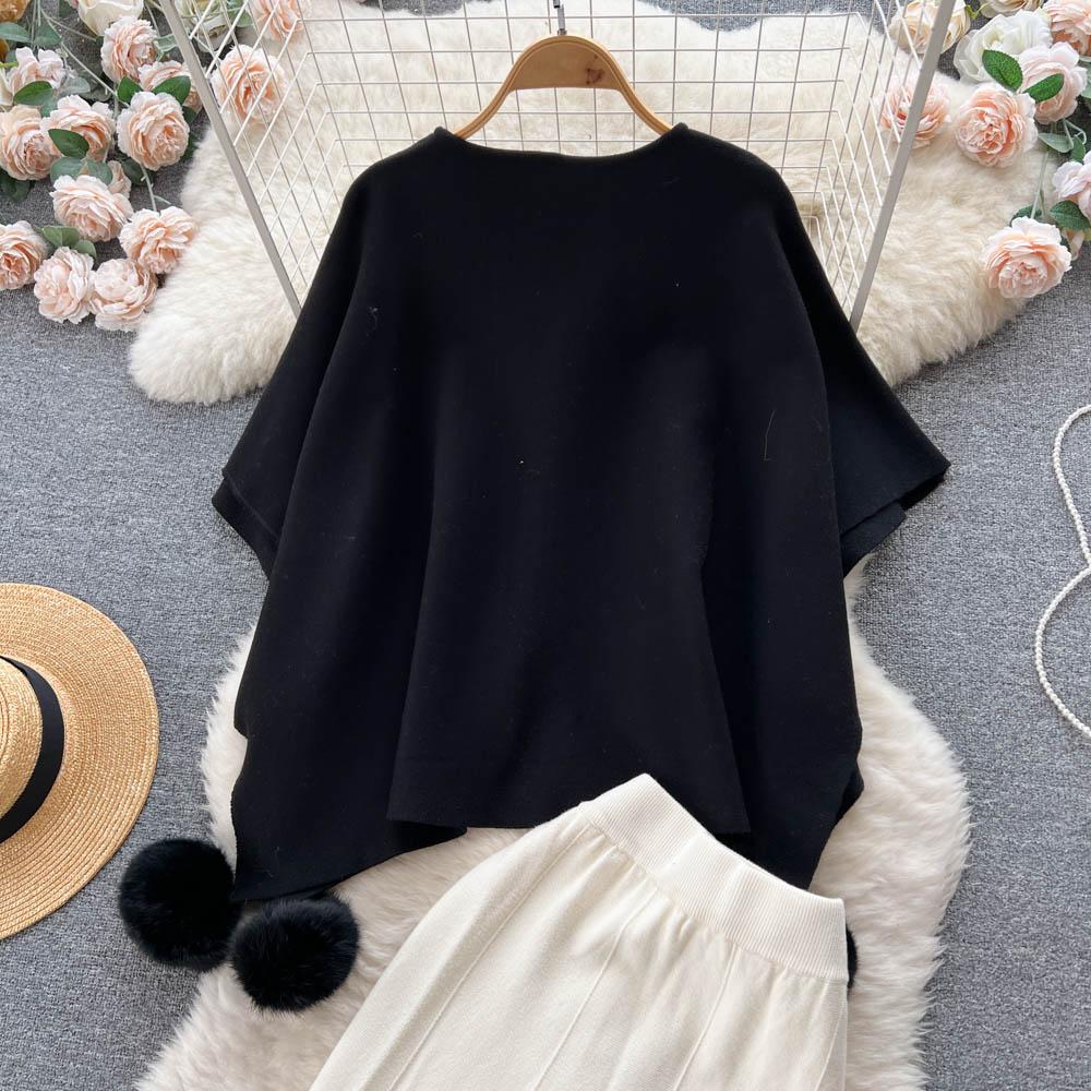 High Sense Of Retro Irregular Cape Shawl Women + High Waist Temperament Knitted Fishtail Half-Body Skirt Two-Piece Set