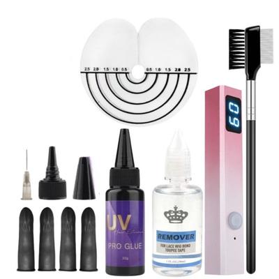 Профессиональный набор для наращивания волос с УФ-лампой и клеем | Защитные экраны от УФ-излучения, средство для удаления клея и быстросохнущая машинка | Набор для волос для салонного и домашнего использования