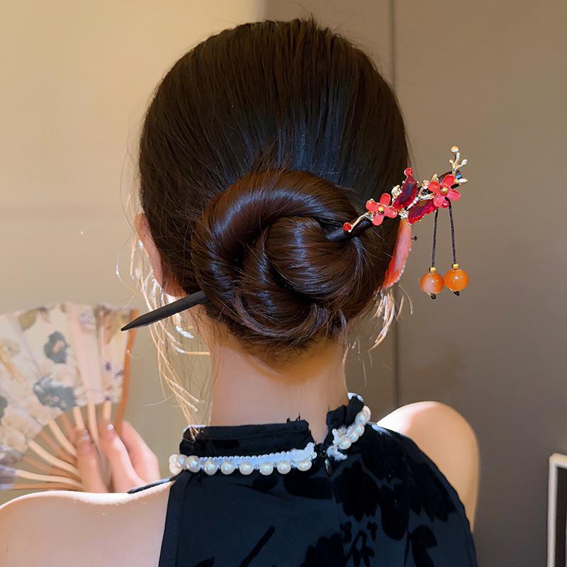 Традиционная китайская красная заколка для волос с кисточкой в виде цветка для ханьфу и ципао