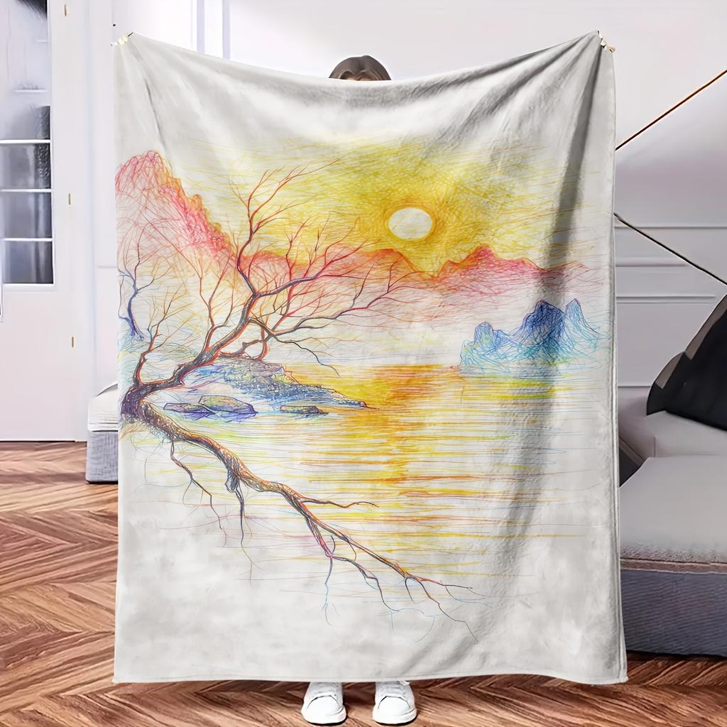 Tree with Sun in Background - Themed Blanket - Comfortable Flannel Fabric Hypoallergenic Suitable for All Seasons - Ideal for Sofa