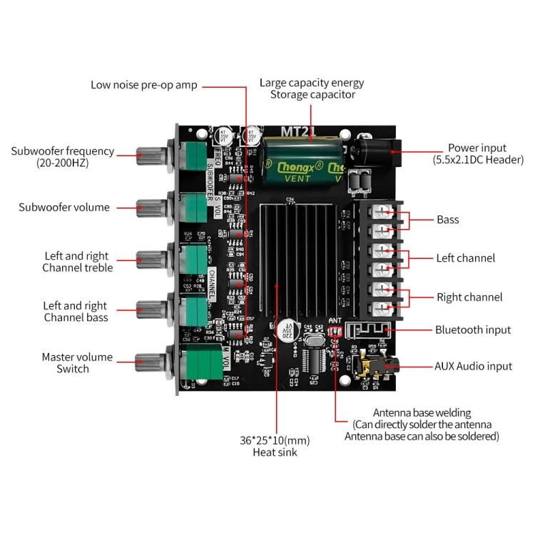 ZK-MT21 50 Вт x 2+100 Вт 2.1-канальный модуль цифрового усилителя Bluetooth