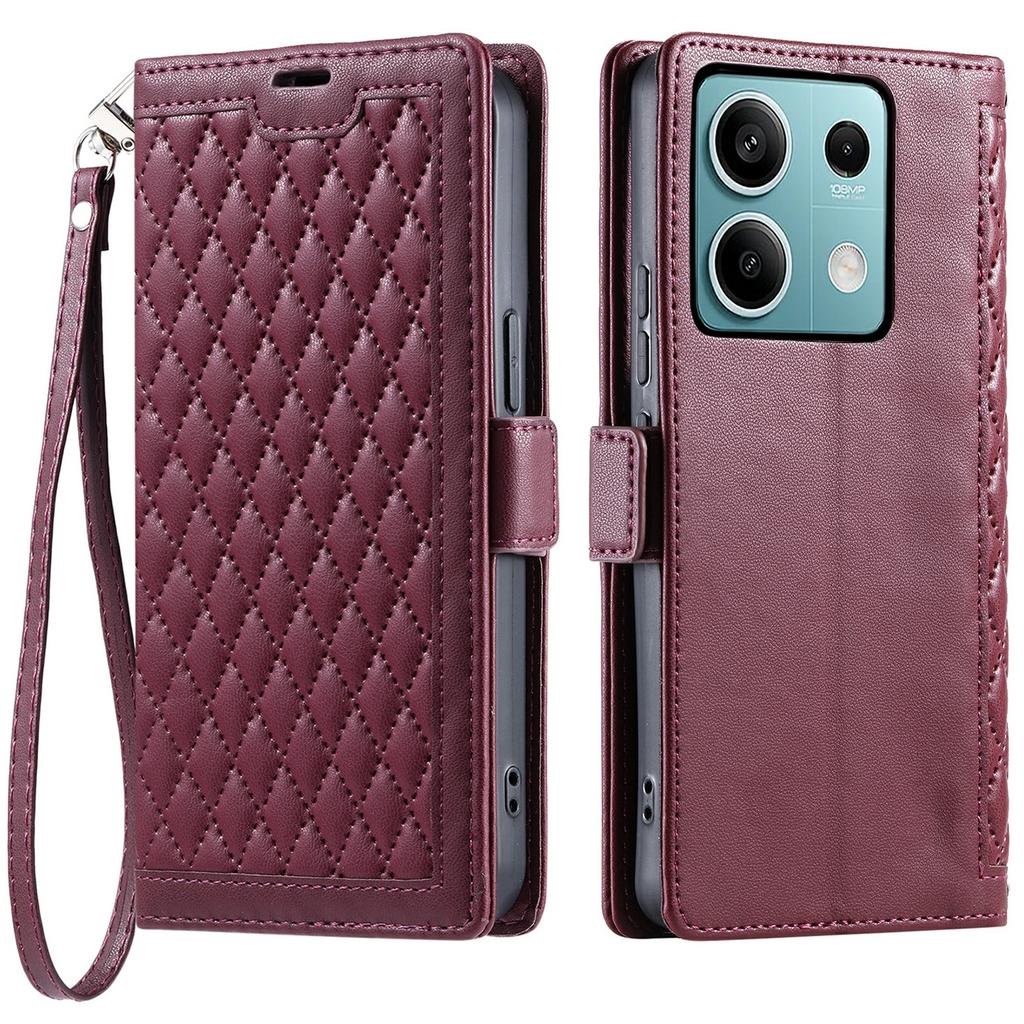For Xiaomi Redmi Note 13 5G Leather Case Rhombus Texture Wallet Stand Phone Cover with Wrist Strap