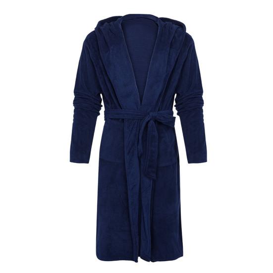 Solid Color Belt Flannel Bath Robe Hooded Pockets Warm Men Nightgown Home Clothes