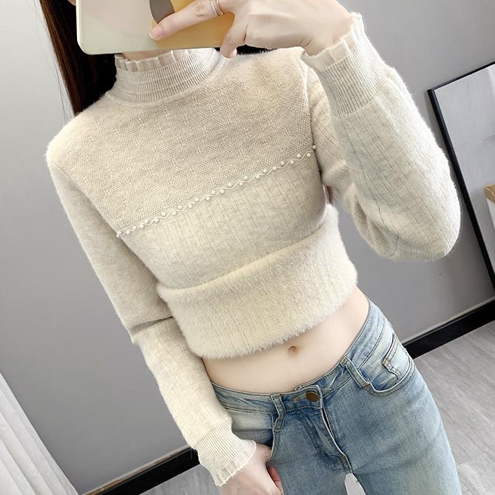 Осенне-зимняя кружевная цельная рубашка из бархата с полувысоким воротником. Модный и модный шерстяной свитер с толстой вязкой.