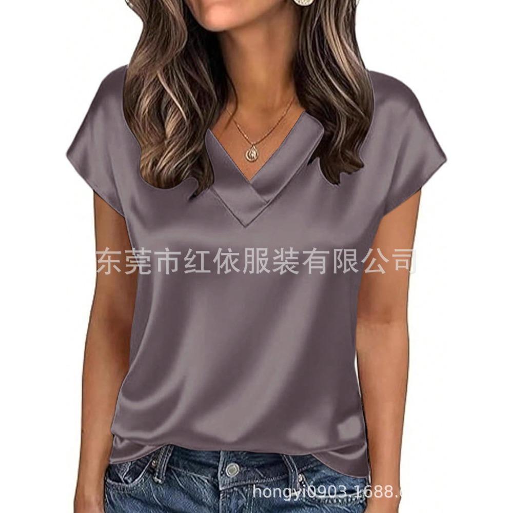 21-Color Women's Satin T-shirt Spring and Summer European and American Women's Clothing New V-neck Satin Casual Top Women