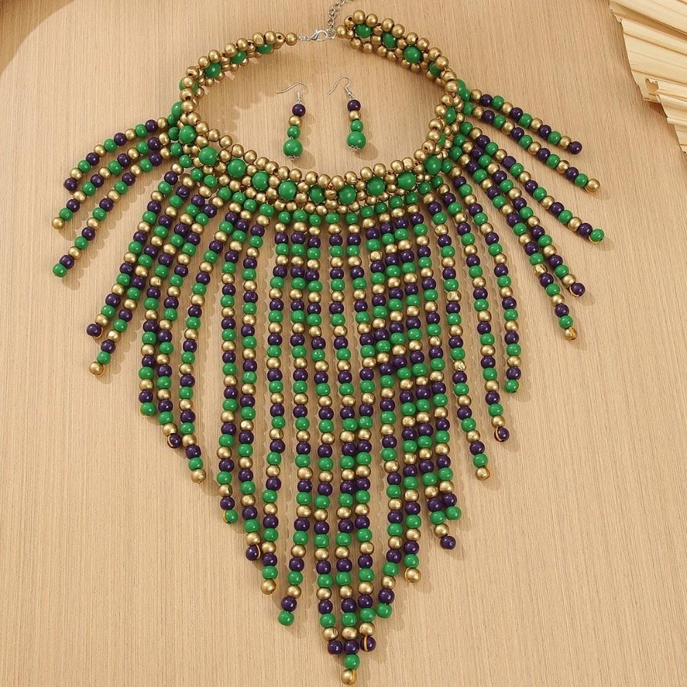 Handmade Necklace Earrings Set Wood Tassel Necklace Elegant Ear Studs Ladies