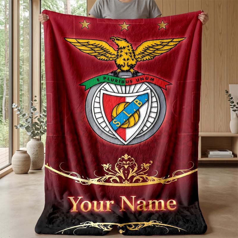 Custom Text Flannel Throw Blanket, Lightweight Cozy Bed Sofa BlanketBenfica FC