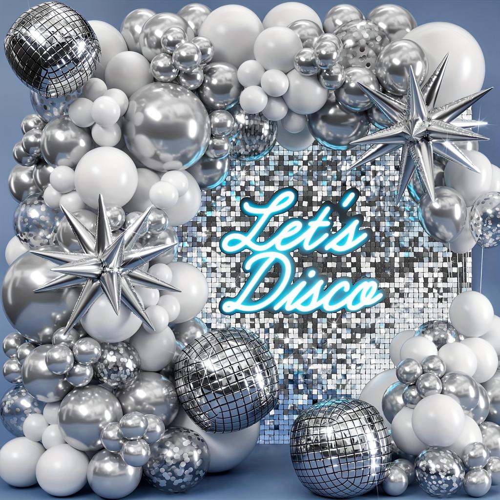 Набор из 134 серебристо-белых шаров Взрывающаяся звезда Диско Алюминиевая фольга Арка Для вечеринки по случаю дня рождения Вечеринки Свадебное украшение