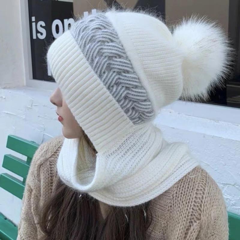 Hat and Scarf Integrated Winter Warm Thickened Knitted Wool Hat Two-piece Set Ear Protector Fleece Cold-proof Scarf