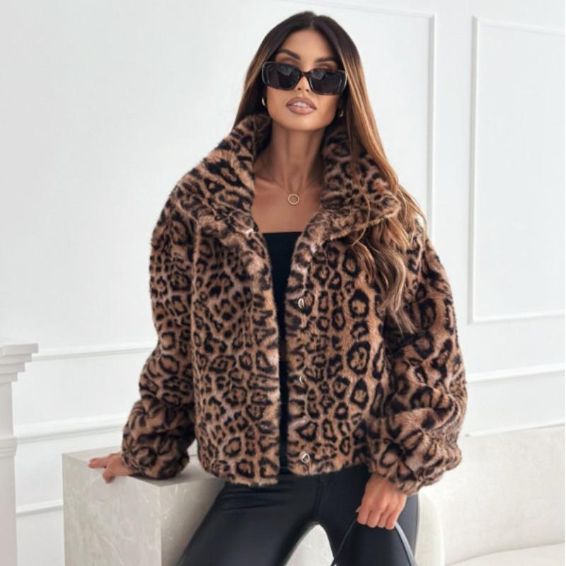 Осенняя короткая куртка с длинным рукавом и леопардовым принтом из плюша для женщин, элегантные зимние толстые бархатные теплые пальто больших размеров для женщин, модные уличные свободные пальто, топы 25000
