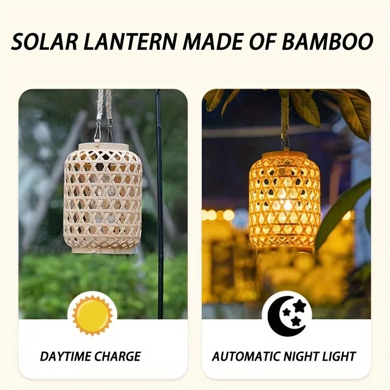 Solar Powered Rattan Lantern Chandelier Plastic Material Solar Wireless Rechargeable Nickel Battery Courtyard Garden Decoration