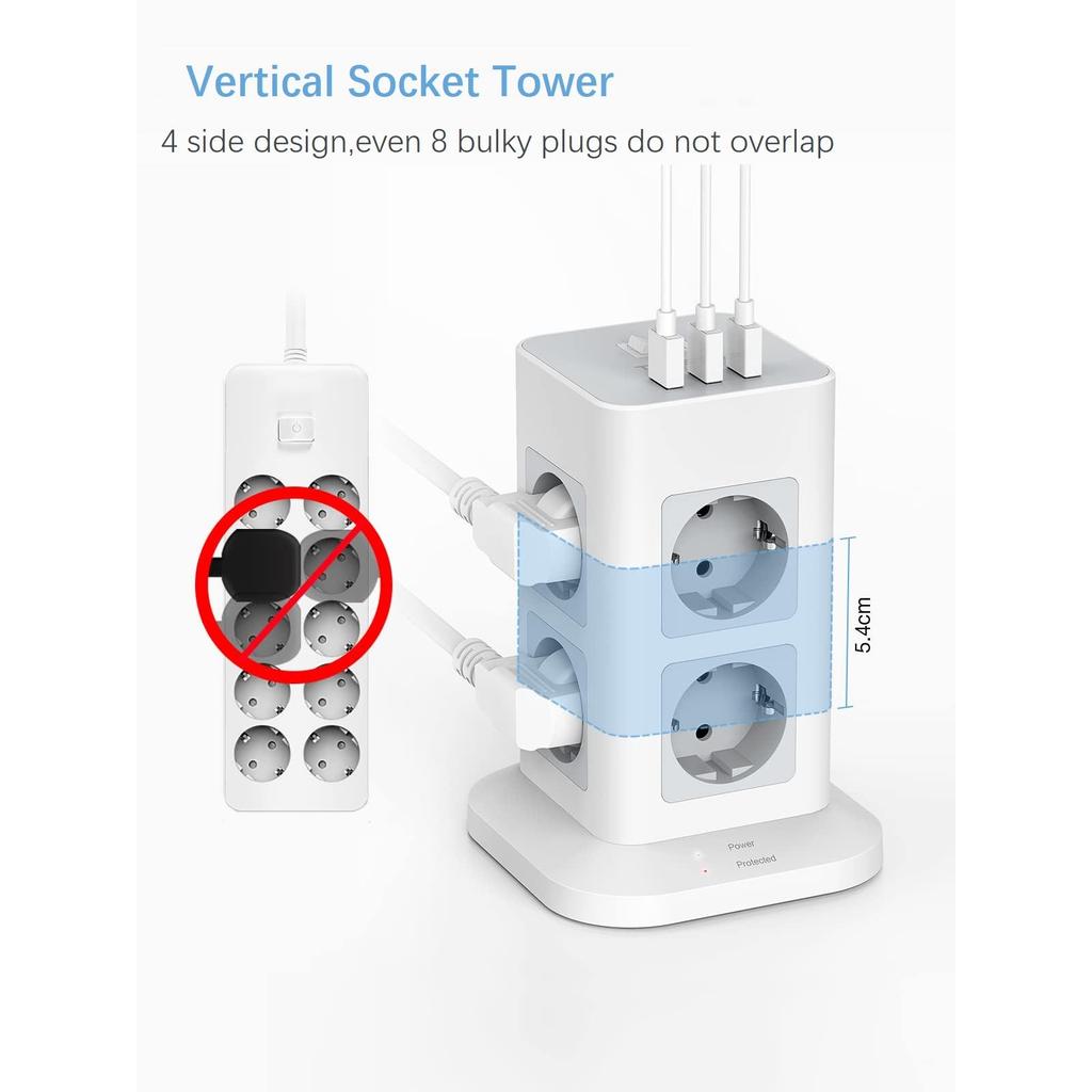 Tessan Вертикальные розетки с несколькими розетками в виде башни с USB, выдвижным удлинителем длиной 2 м, многоточечной электрической розеткой с вилкой EU KR