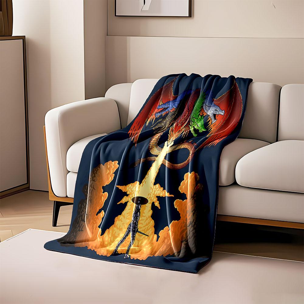 A five-headed dragon breathes fire at a lone warrior, creating smoke clouds. for all seasons blanket lunch break throw gift