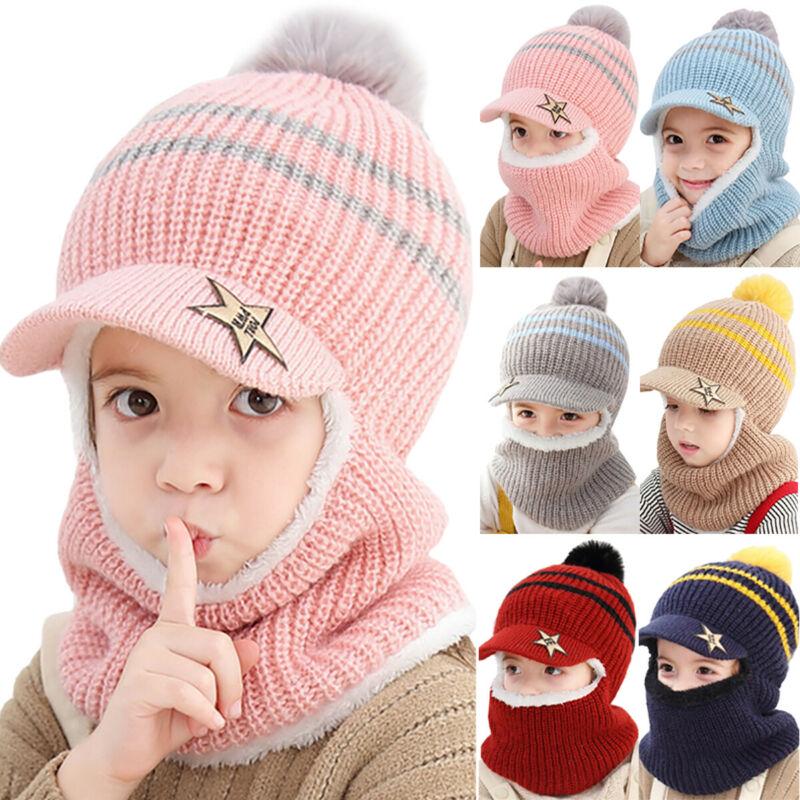 Toddler Kid Winter Hat+Scarf Set Boys Girls Warm Knitted Fleece Beanie Cap Scarf