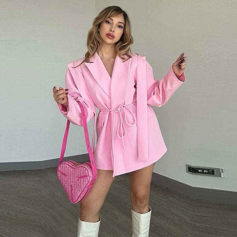 Женский блейзер с лацканами, завязывающимся поясом, пиджак, свободная повседневная и офисная куртка 2025 весна/лето, тонкое пальто с длинным рукавом