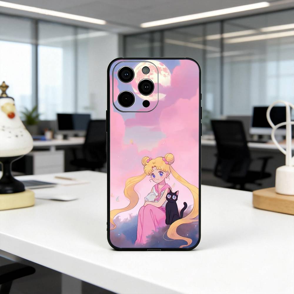 Мультяшный чехол для телефона S-Sailor M-Moon-es Art для iPhone 17, 16, 15, 14, 13, 12, 11 Plus, Pro Max, Других Мягкий Черный Чехол