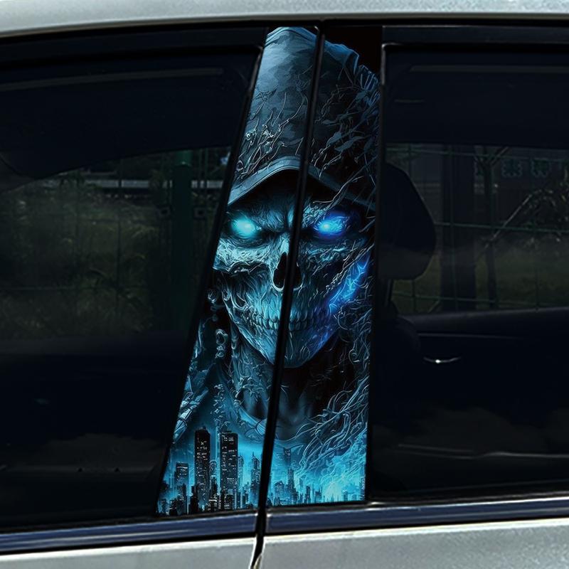 2Pcs/set Skull Skeleton Ghost Car Center Pillar Sticker Halloween Auto B Pillar Protective Film Decoration Scratch Cover Sticker