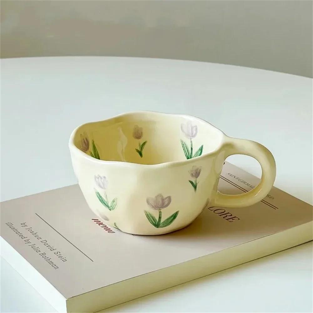 Hand-Pinched Ceramic Coffee Mug, Korean Style Floral Milk Tea Cup, Artisan Breakfast Drinkware, Unique Irregular Design