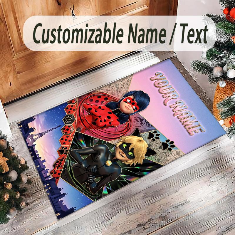 Personalized Crystal Velvet Carpet Custom Name Text,Miraculous Ladybug Anti Slip Area Rug For Home Decoration