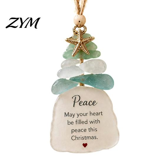 Sea Glass Christmas Decor Tree Ornament, Seaglass Art Hanging with Starfish Charm, Acrylic Ornaments Peace Love Joy Faith Family Friends Hope Pendant